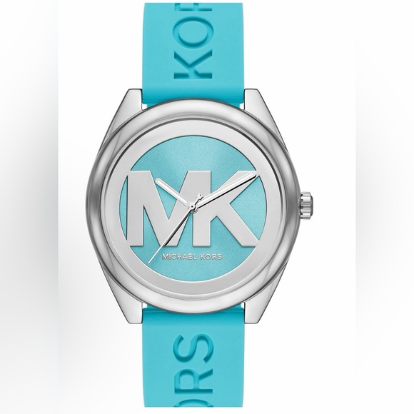 Michael Kors Janelle Watch Silver MK Logo Dial Aqua Blue Sili… NIB - Picture 2 of 13